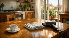 Aloni bianchi sul tavolo in legno: il trucco del calore delicato che funziona davvero